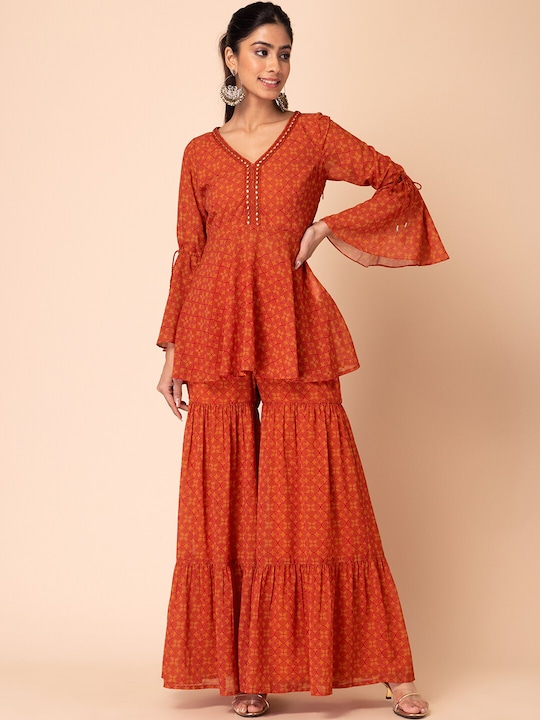 Ethnic Motifs Printed Thread Work Georgette Kurti With Sharara
