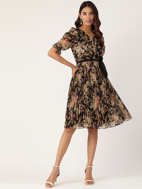 Black & Beige Floral Printed Accordion Pleated Wrap Dress With Belt