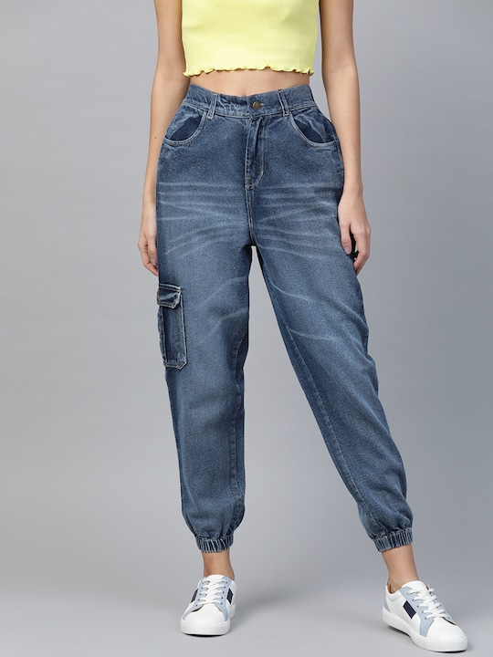 Women Blue Pure Cotton Jogger High-Rise Non-Stretchable Clean Look Jeans