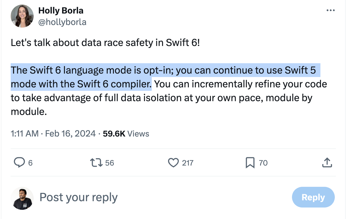 Holly Bolra Tweet About Swift6 Opt in Mode