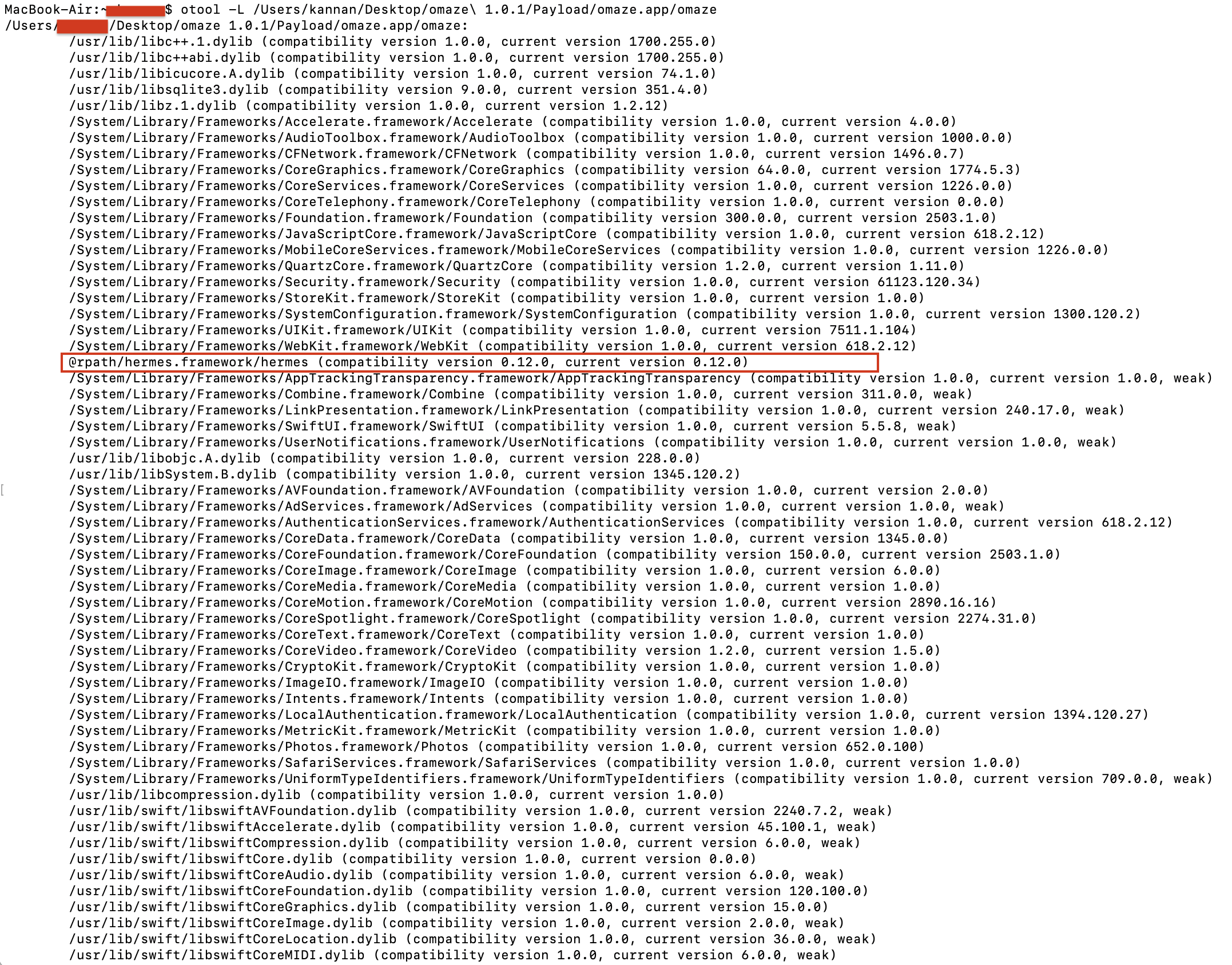 otool terminal command response