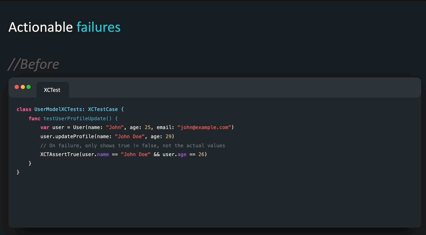 Actionable Failures - Example - XCTest vs Swift Testing