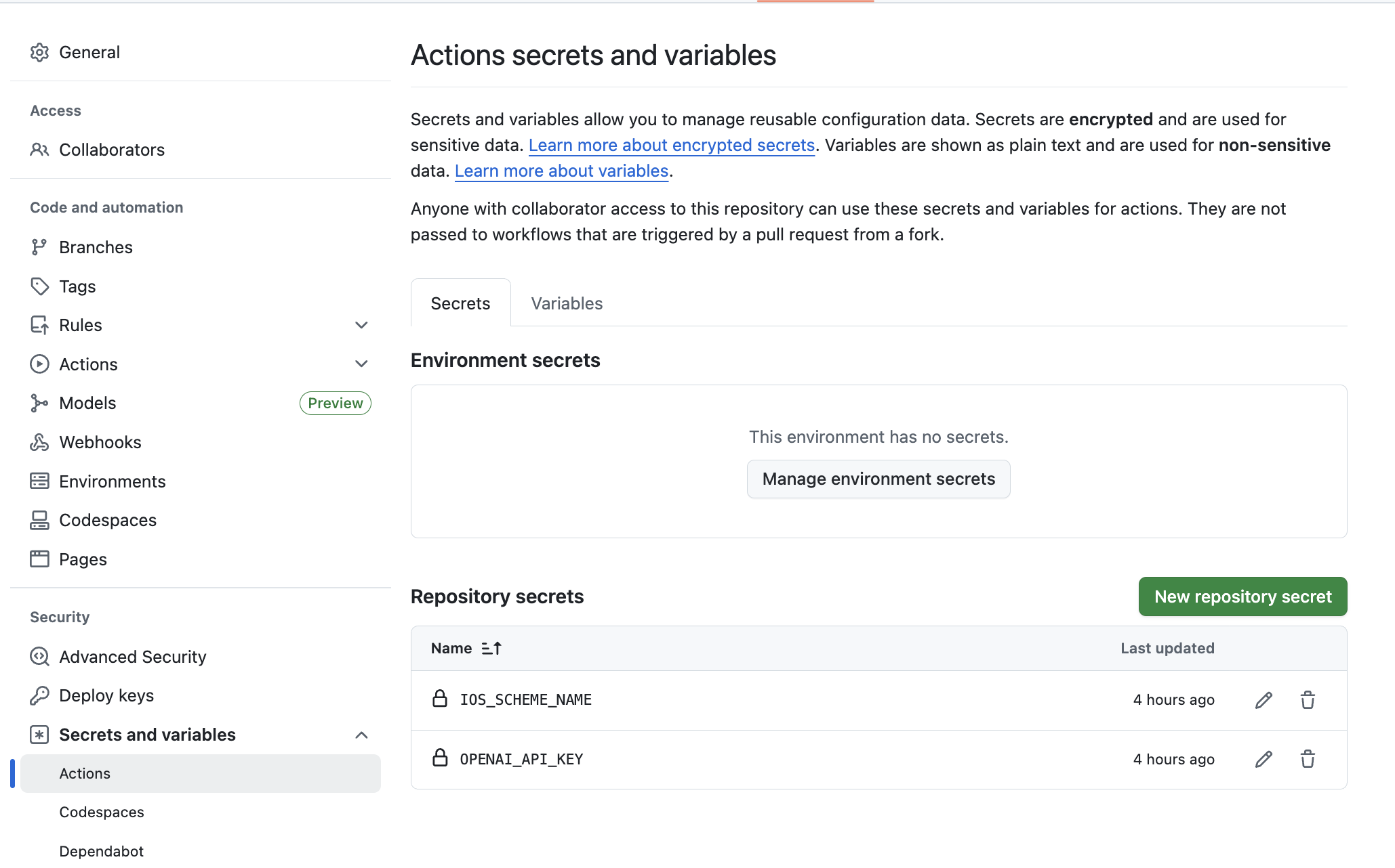Repository Secrets