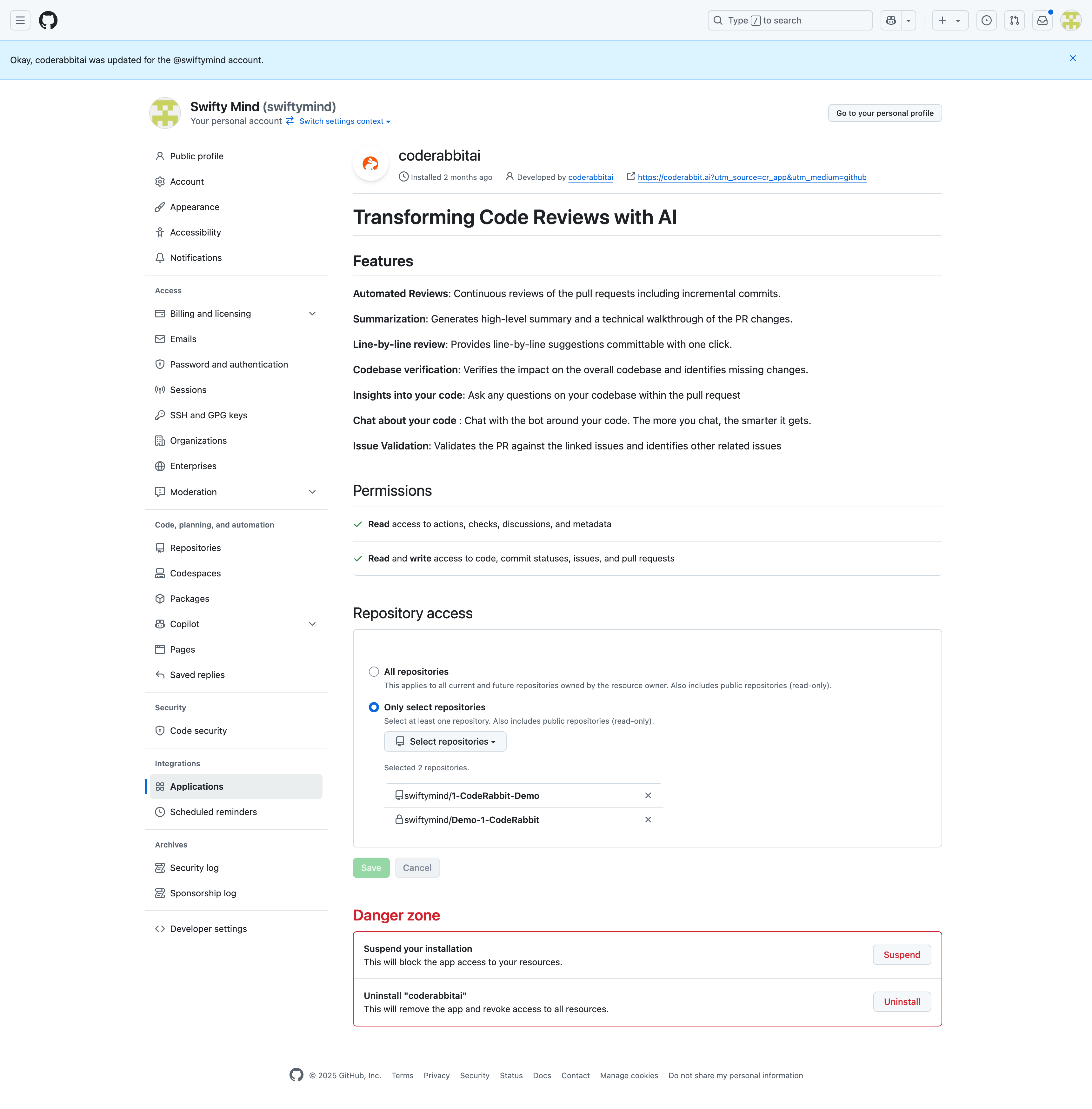 Authorize specific repositories Confirmation screen