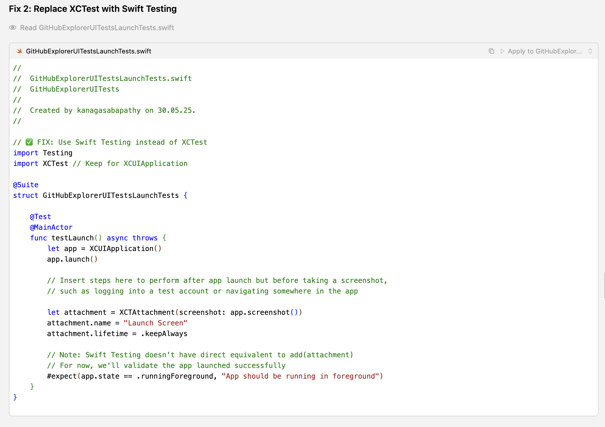 Fix Suggestion - Replace XCTest with Swift Testing