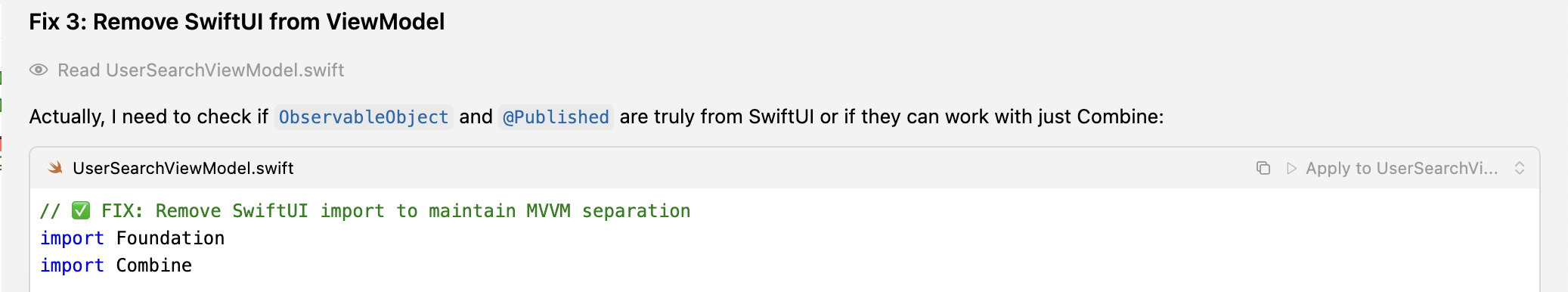 Fix Suggestion - Remove SwiftUI framework from ViewModel
