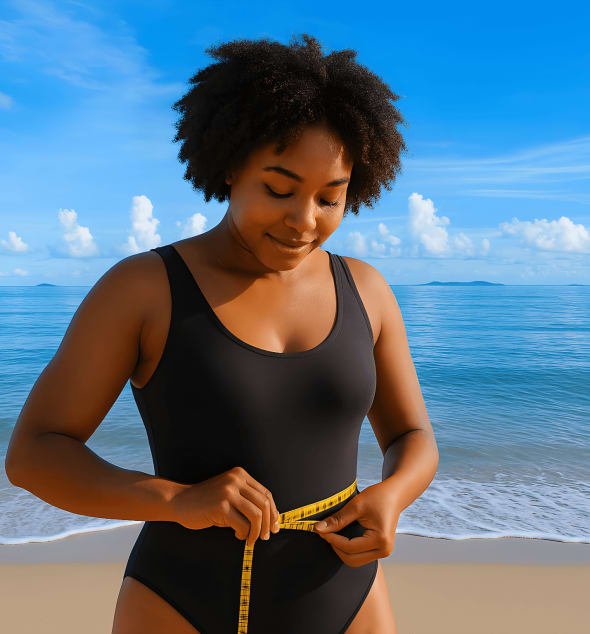 A woman in a black swimsuit measuring her waist