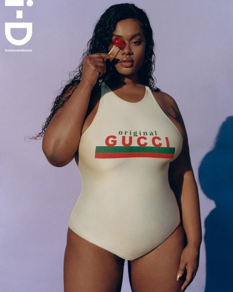 Precious Lee wearing vinted Gucci swimsuit for I-d magazine