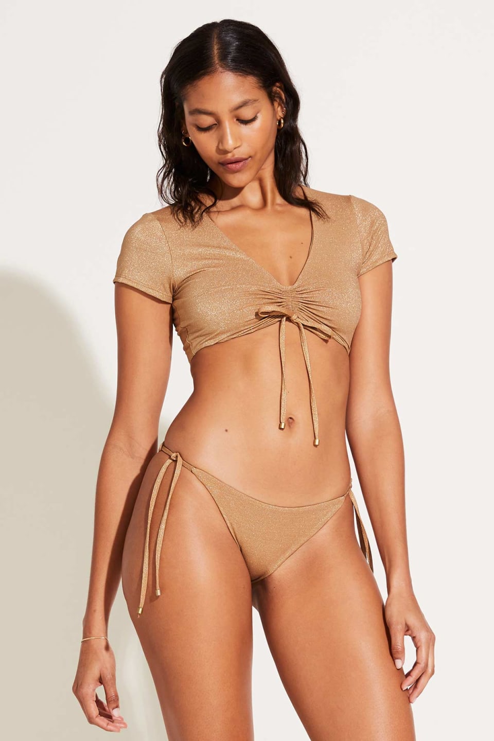 Gemma Ruched Crop Top anr Elle Adjustable Tie Side Bottom - Golden Glow Metallic