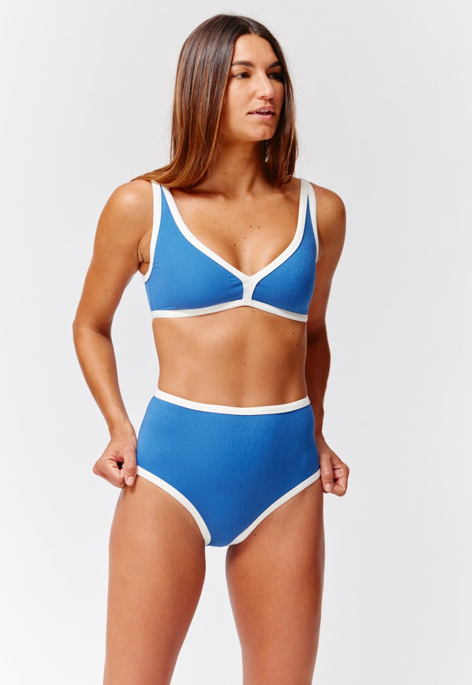 the maria high-waist bikini in navy and cream crepe by lisa marie fernandez
