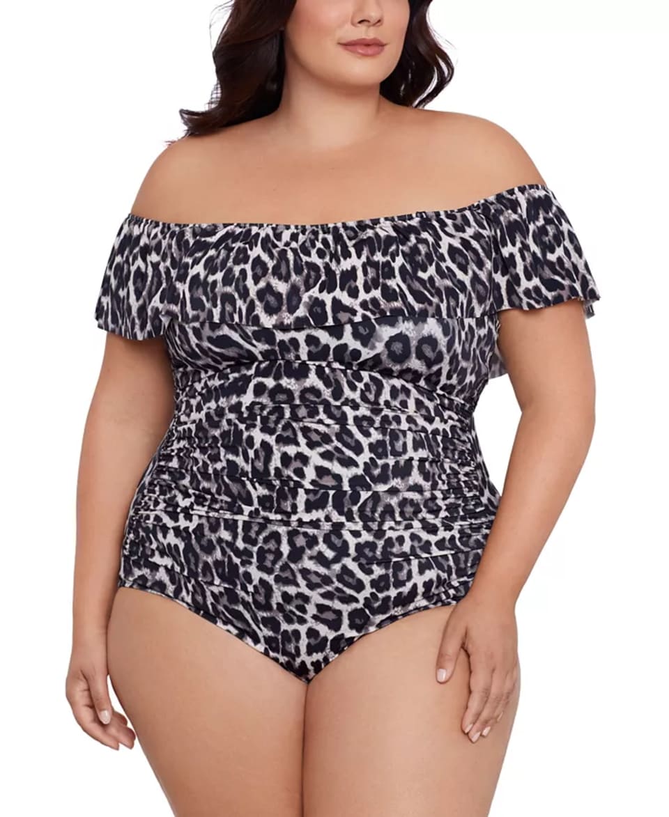 Plus Size Cheetah-Print Off-The-Shoulder One piece Swimsuit