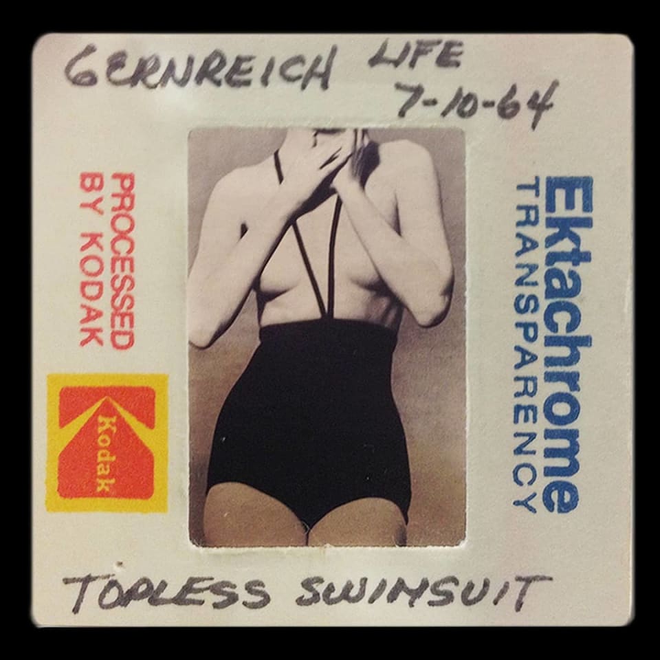 Polaroid of the original monokini designed by Rudi Gernreich in 1964