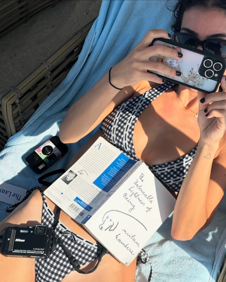 Bella Hadid wearing Frank Gingham Halter Bikini Top and Divine Gingham Skimpy Bikini Bottom - Blackberry Gingham by Frankies BIkinis
