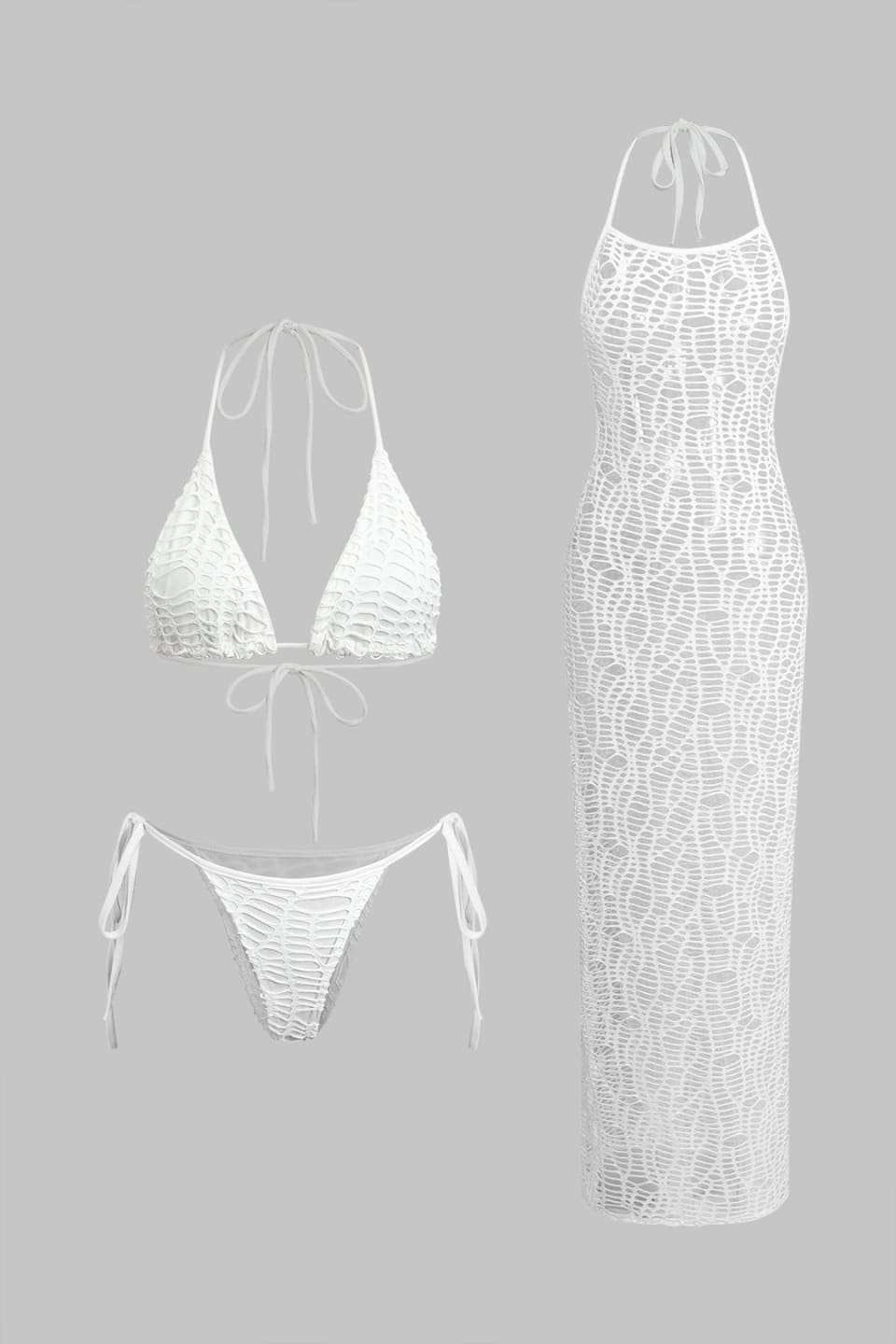 Textured Halter Neck Bikini And Open Knit Cover Up Set-612H