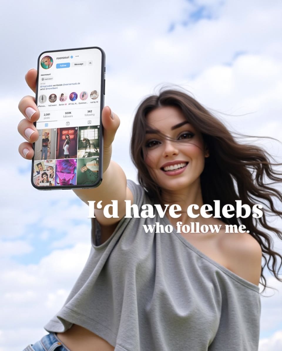 noonoouri holds up smartphone showing a grid of social posts, outdoors with blue sky, gray off-shoulder top.