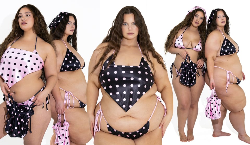 Two models showcase playful polka dot swimwear, featuring a high-waisted pink and black bikini with matching beach bags.