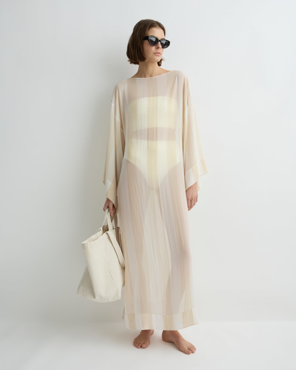 Capri Silk Kimono Sleeve Maxi - Ecru Stripe-234T