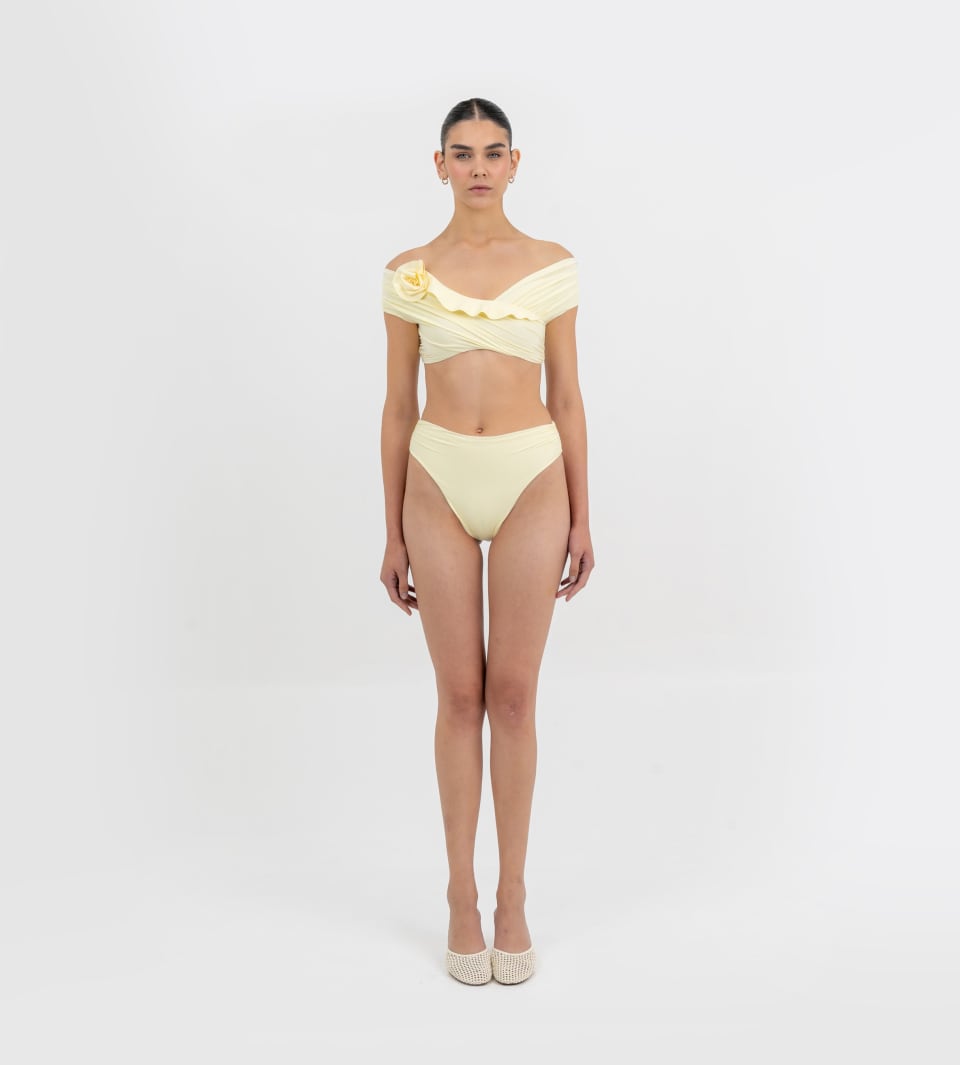 Maygel Coronel Rosy bikini in lemon yellow with off-shoulder draped top, 3D rose appliqué, and high-waisted bottom