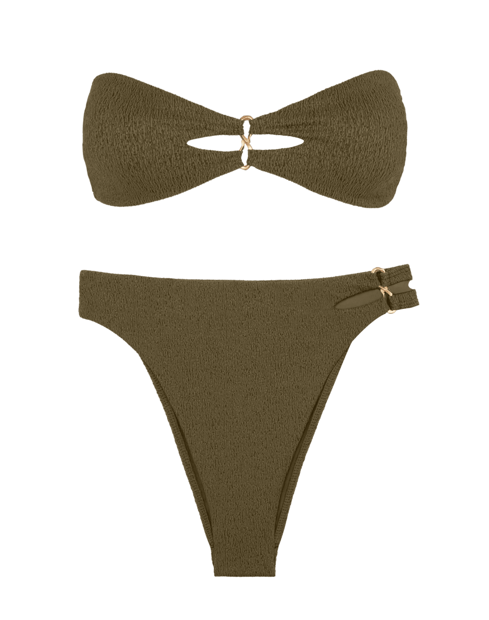 Flat-lay of ViX Firenze Solaro evergreen bandeau top and hot-pant high-waist bottom shown together