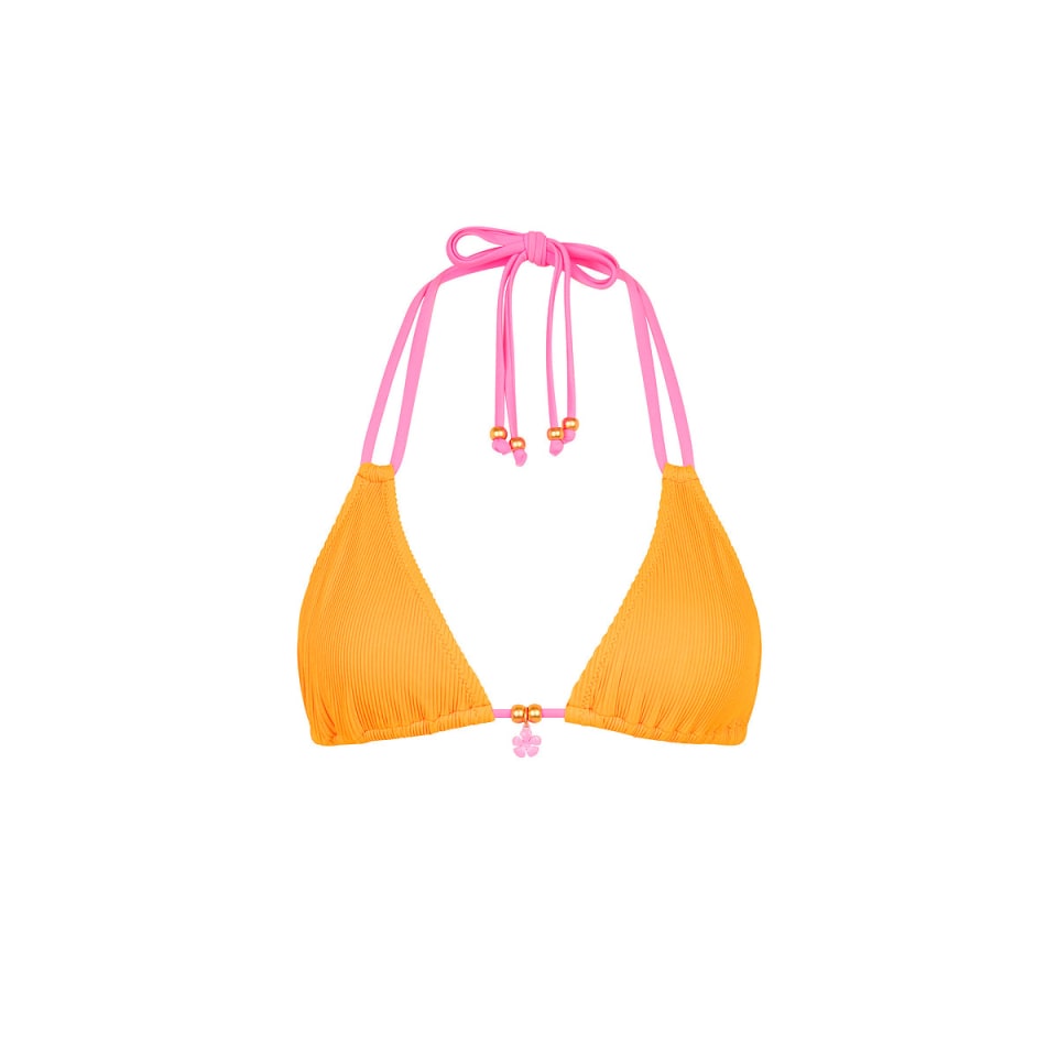 Kulani Kinis marigold ribbed triangle top with hot-pink halter ties and flower charm on white background