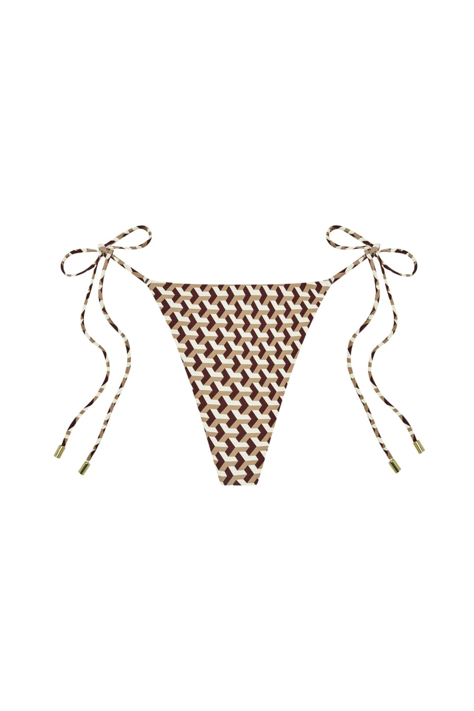 Monday Swimwear Taormina tie-side bottom in brown and cream geometric print flat on white with gold tips