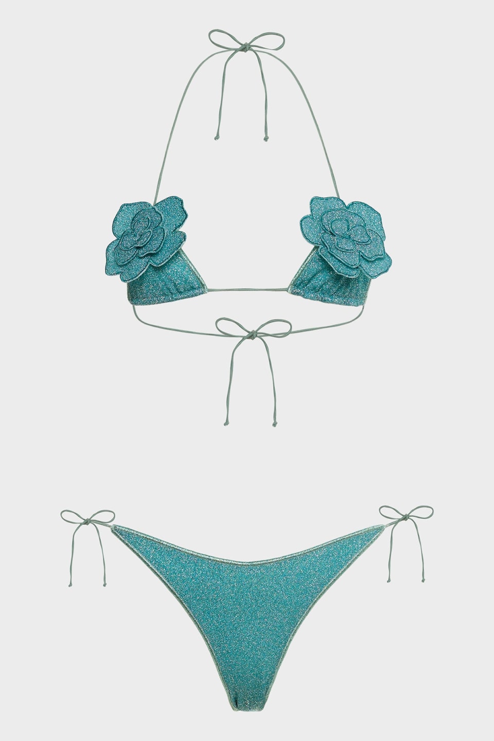 Oseree Lumiere Flower Kini full turquoise lurex bikini set flat-lay with two floral appliques and string ties