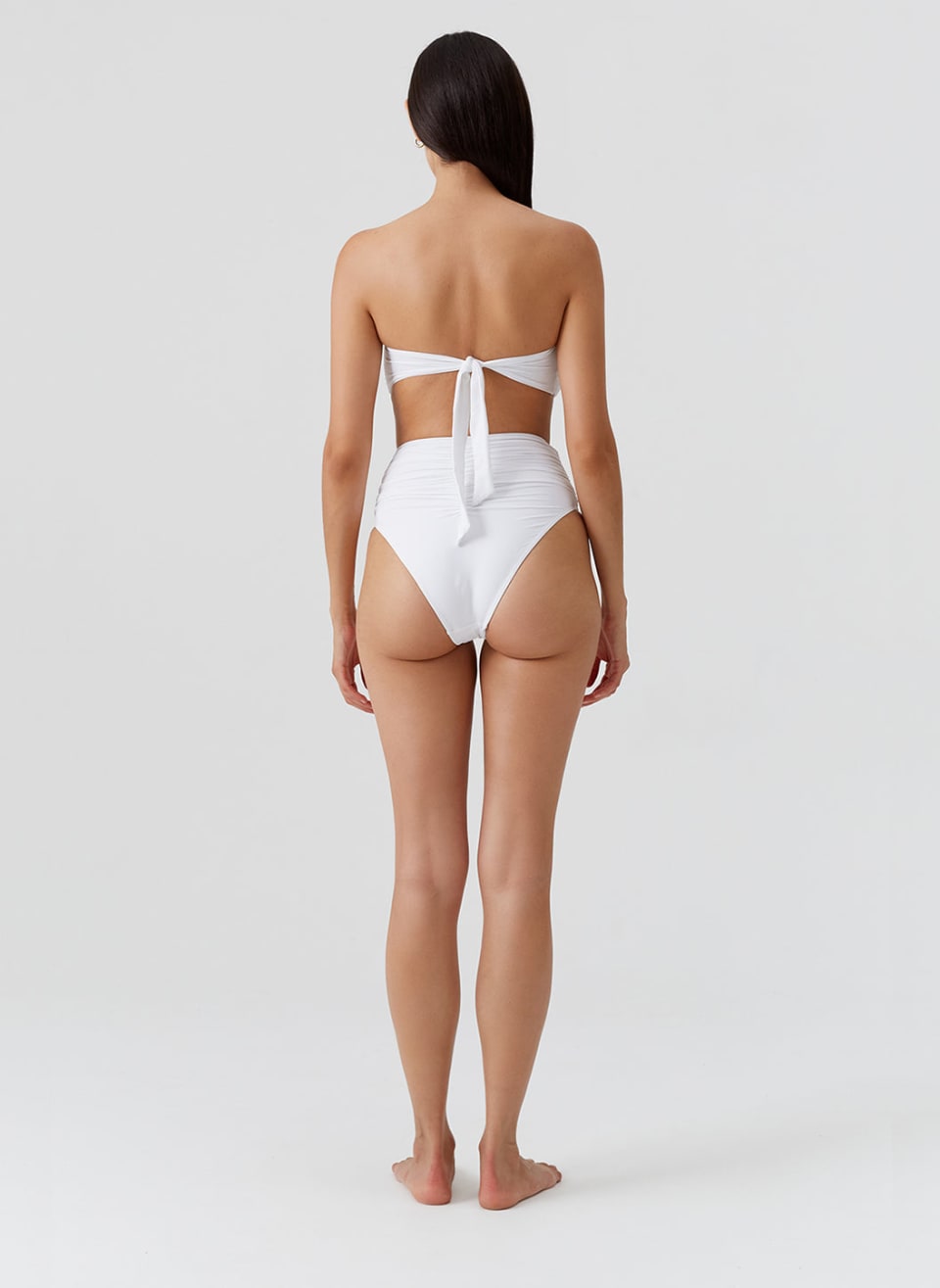 Melissa Odabash white Nevis bikini back view showing tie-back bandeau and ruched high-rise brief