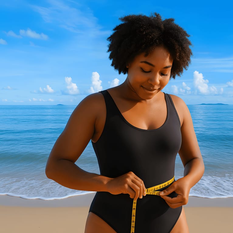 A woman in a black swimsuit measuring her waist
