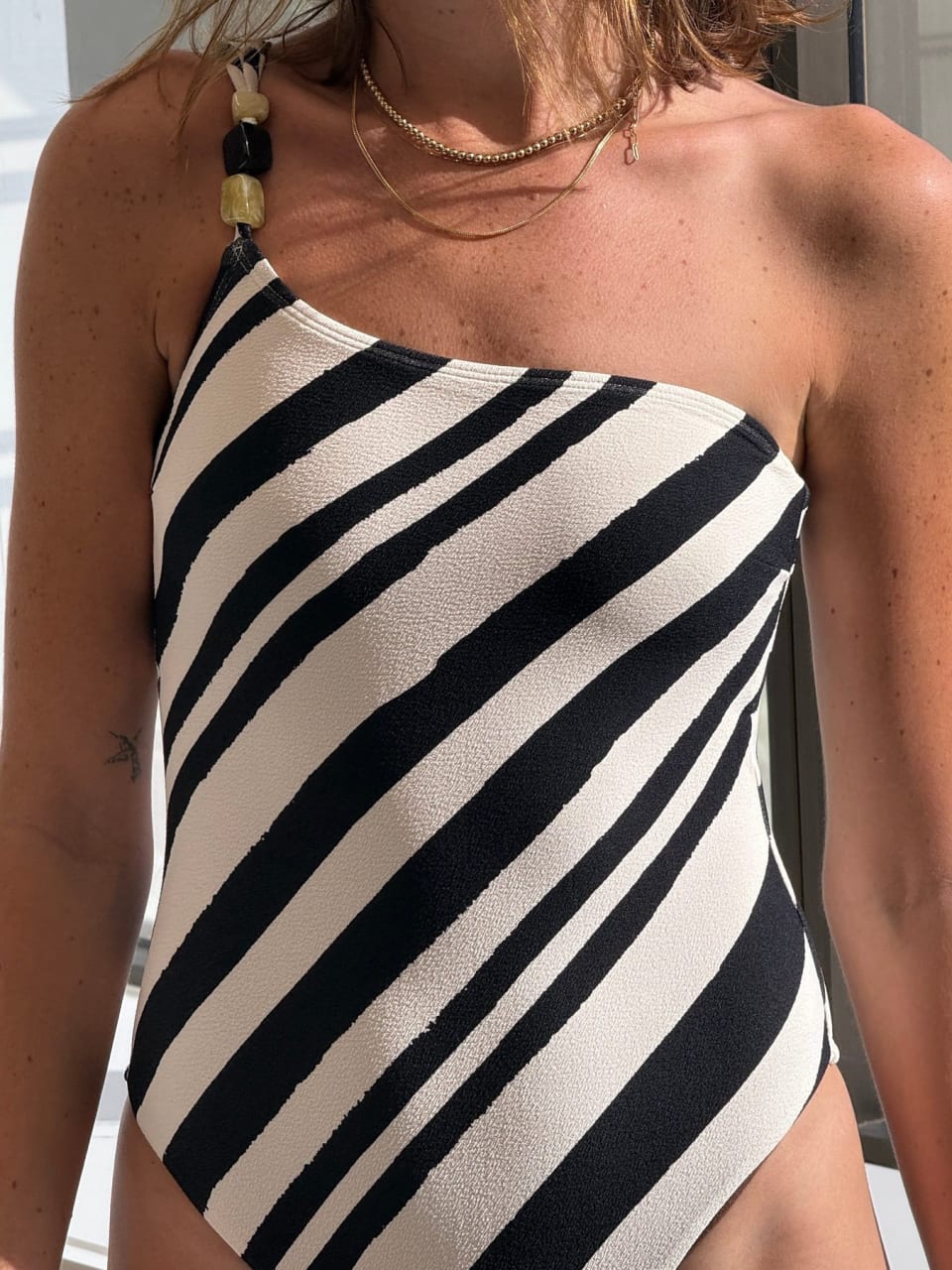 Terra Asymmetrical One Piece - Sandbar Stripe Crepe Texture by Vitamina Swim