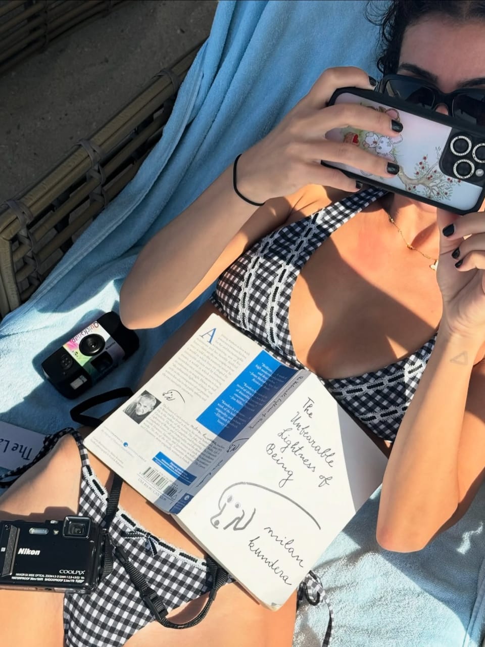 Bella Hadid wearing Frank Gingham Halter Bikini Top and Divine Gingham Skimpy Bikini Bottom - Blackberry Gingham by Frankies BIkinis