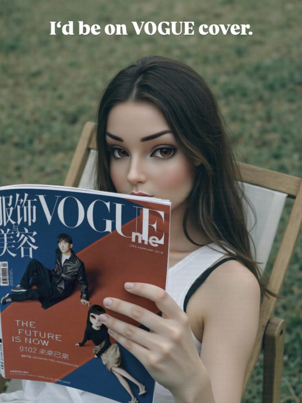 noonoouri  reads Vogue magazine outdoors, wearing a white sleeveless top, soft makeup, on a chair.