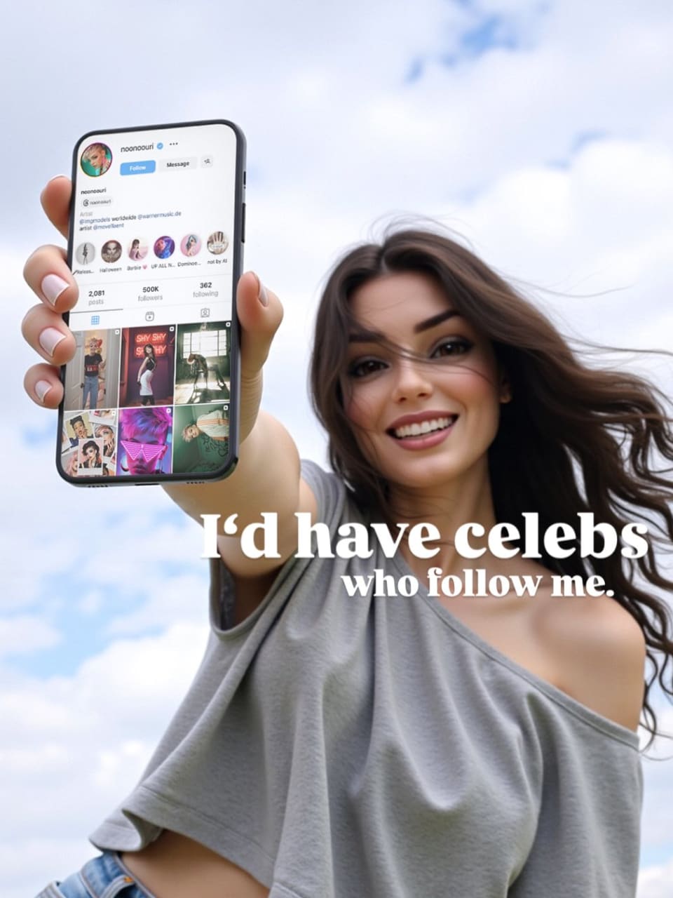 noonoouri holds up smartphone showing a grid of social posts, outdoors with blue sky, gray off-shoulder top.