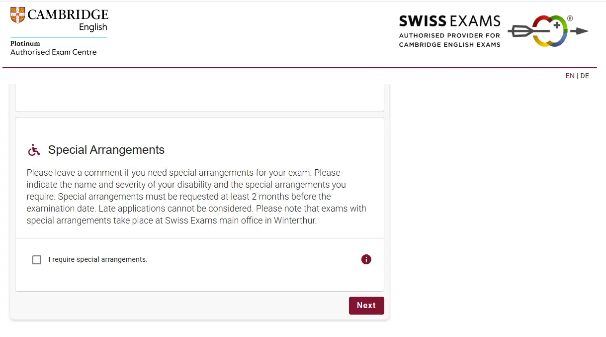 Special Arrangements on the Cambridge English Exams Registration Page - Guidelines