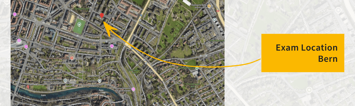 Map of Bern city with the arrow showing the exam location by Swiss Exams 