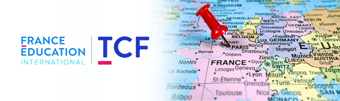 Logo of TCF - France Education International + map of Europe with the pin marking Paris, the capital of France