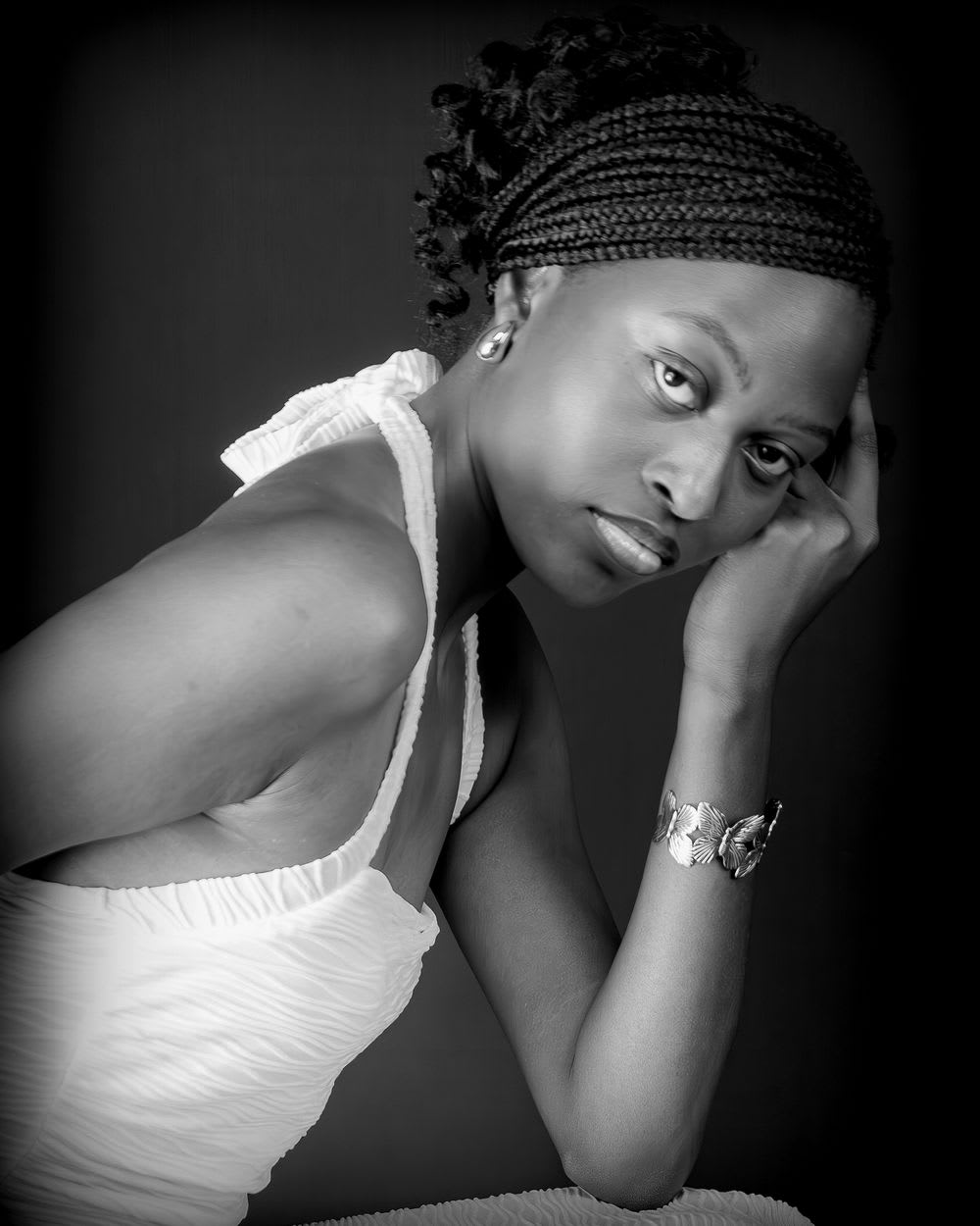 Black and white portrait in a contemplative pose