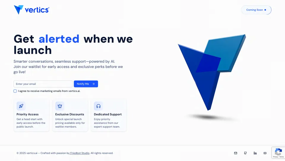The Vertics launch page, designed by Branditify