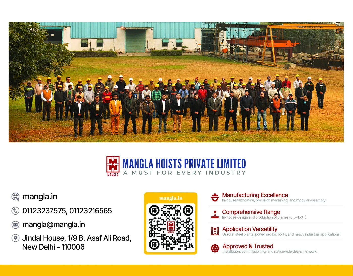The calendar’s back cover: a team photograph, the logo, contact details, a QR code and four short statements about the company