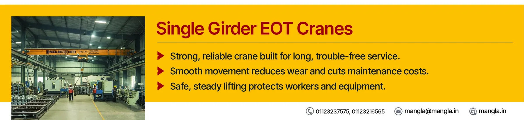 Detail of the January page: the yellow band naming Single Girder EOT Cranes beside a factory photograph, with the phone, email and website beneath