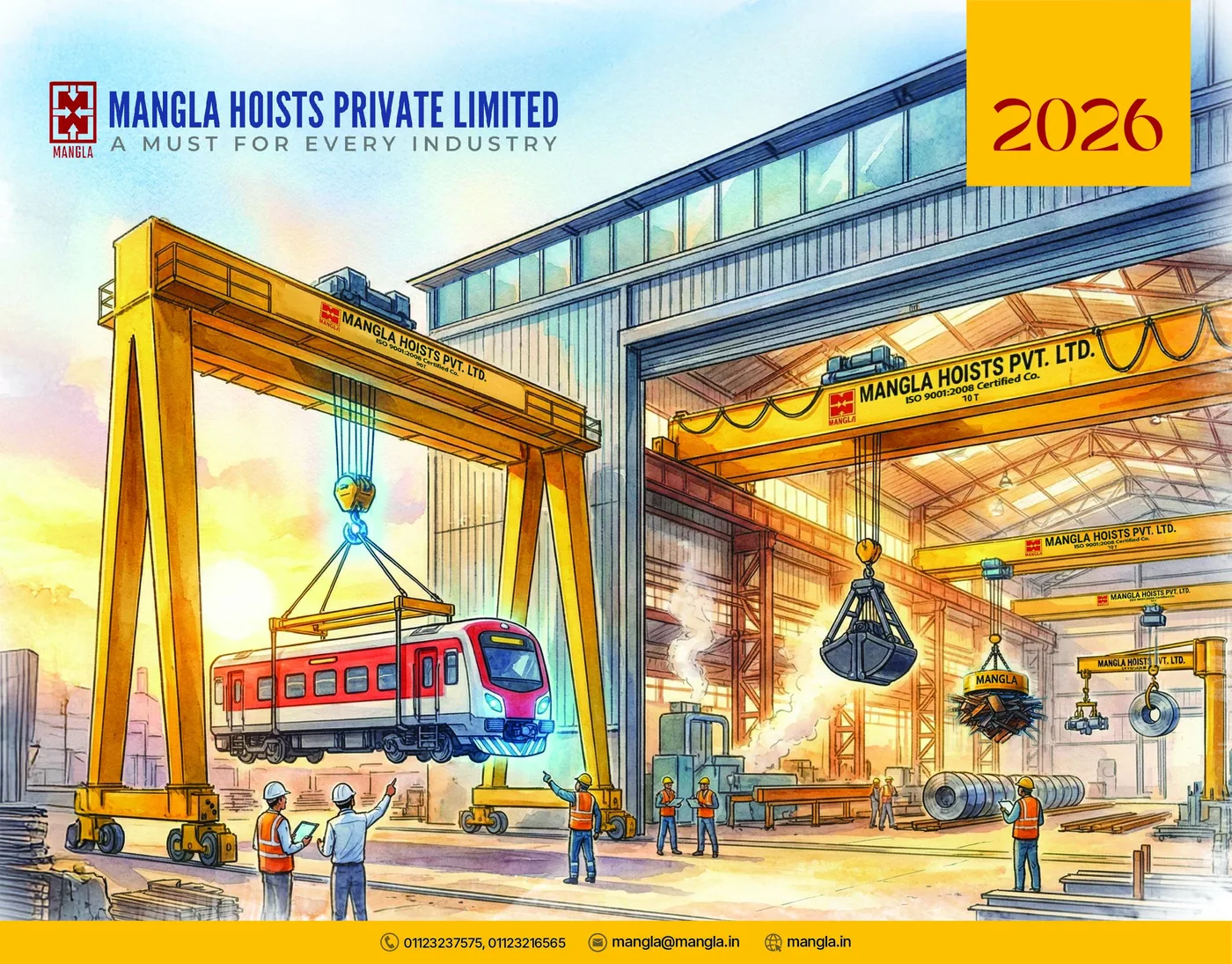The Mangla Hoists 2026 calendar cover: the company logo and tagline, a yellow 2026 panel, and a watercolour-style gantry crane lifting a rail coach