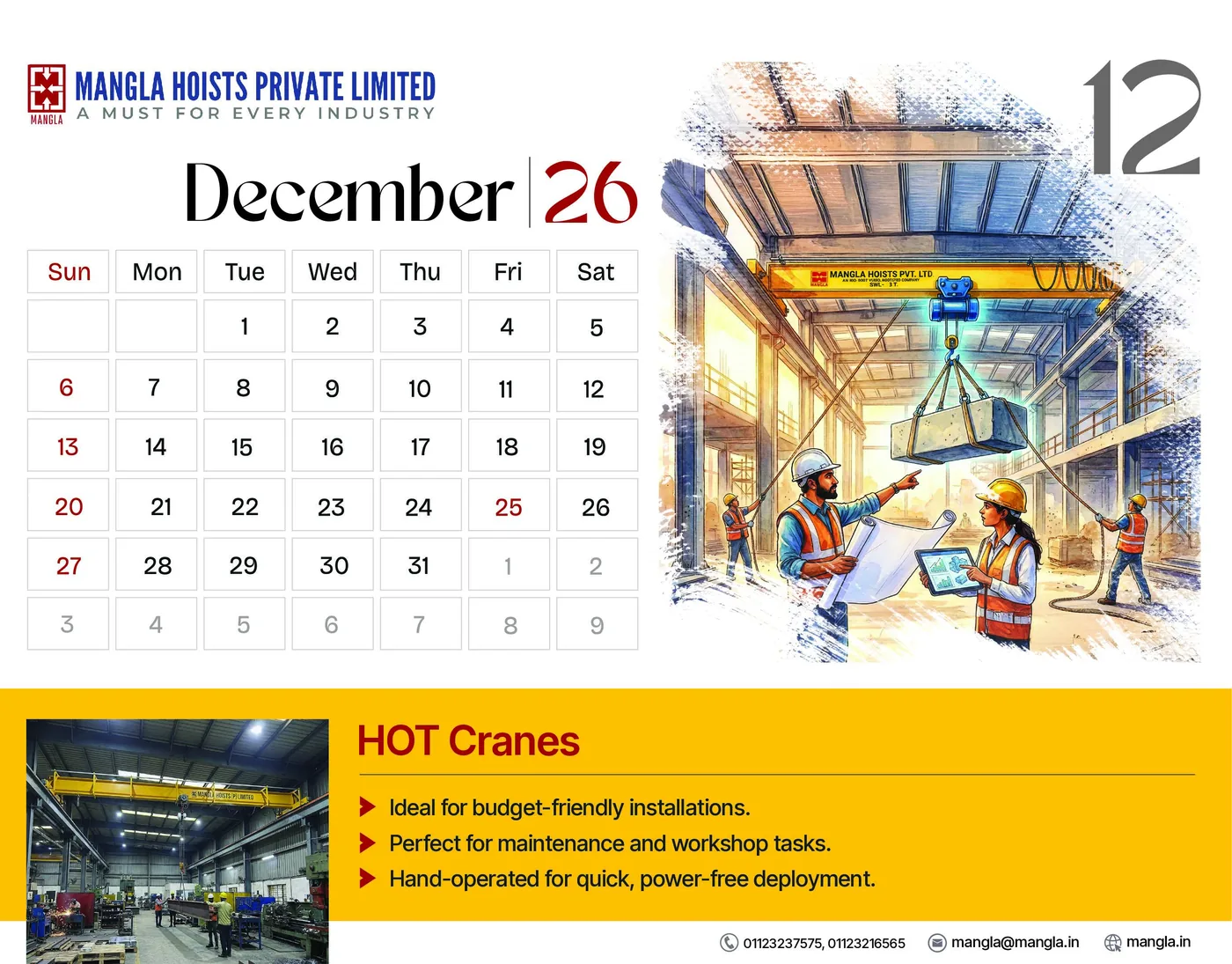 The December 2026 page, featuring HOT Cranes in its yellow product band