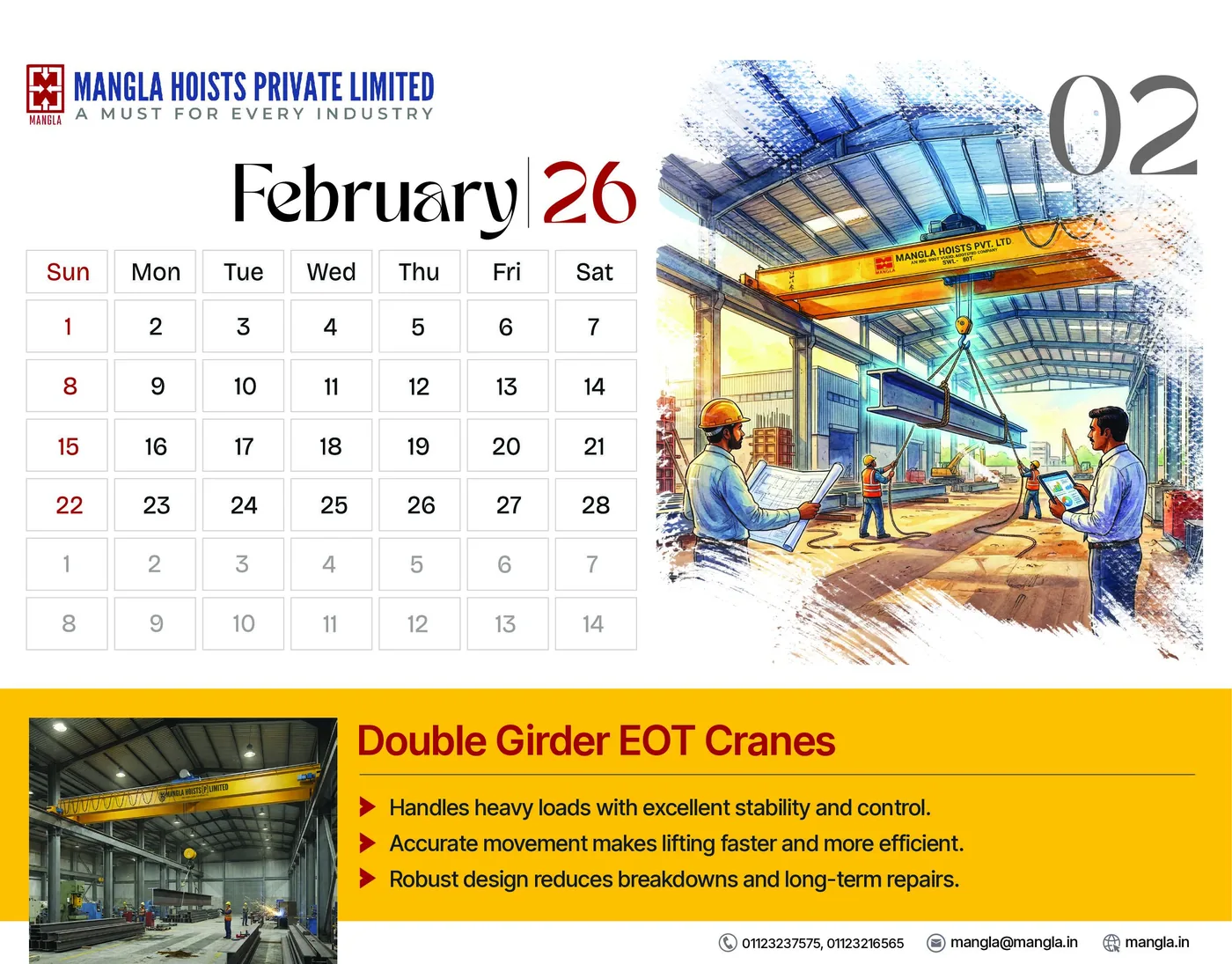 The February 2026 page, featuring Double Girder EOT Cranes in its yellow product band