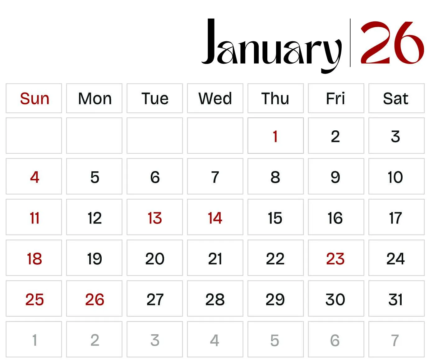 Detail of the January page: January 26 set in a display serif with the year in red, above a seven-day grid with Sundays and holidays in red