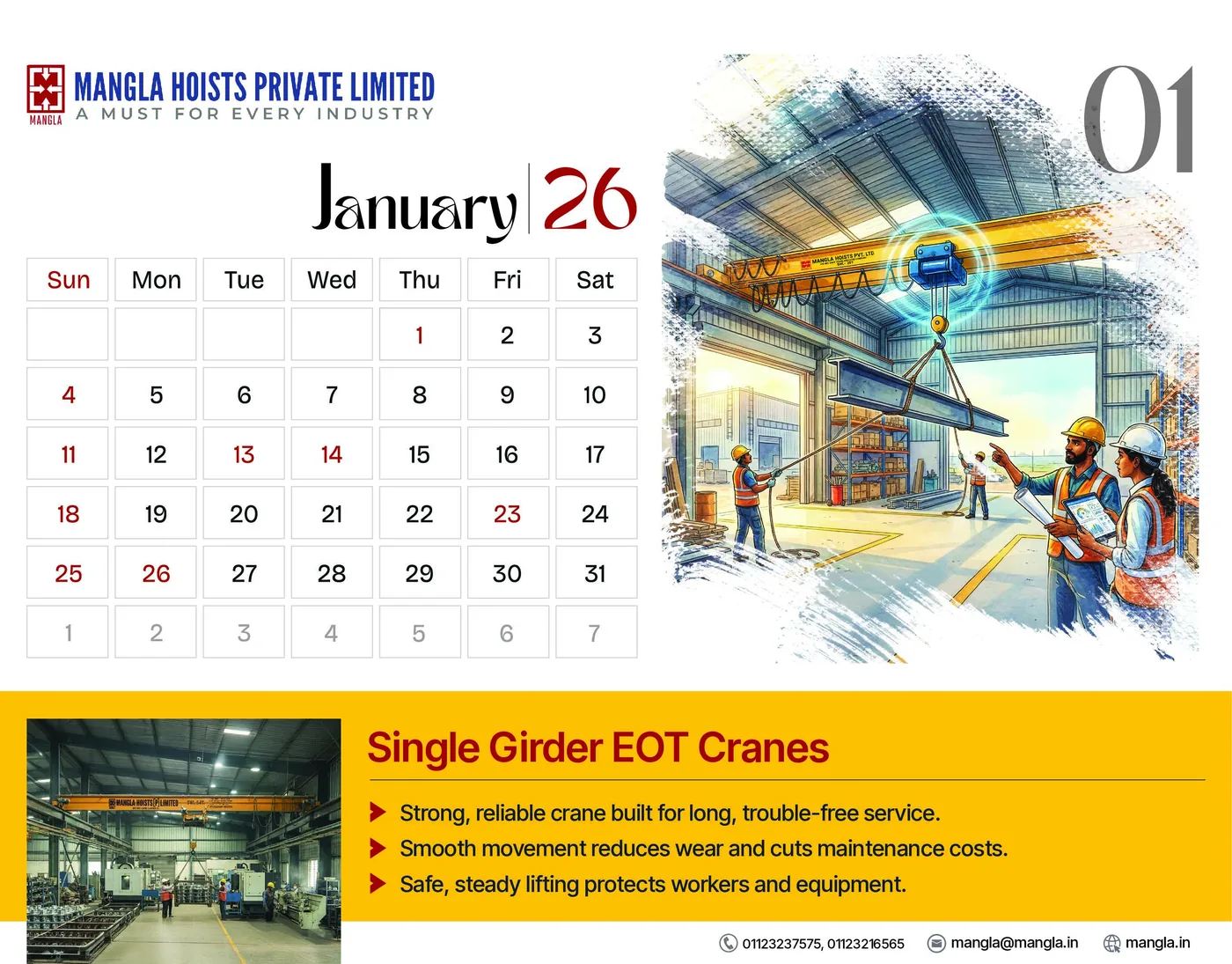 The January 2026 page: a month grid with holidays in red, a watercolour-style crane scene with a large 01, and a yellow band on Single Girder EOT Cranes