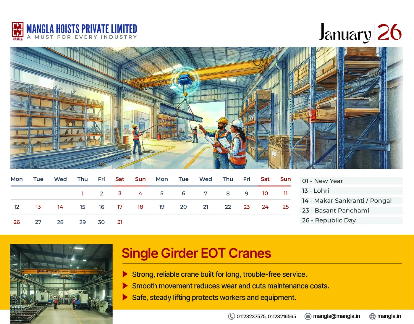 The alternative January 2026 page: a wide crane scene, the dates in one continuous strip, the month’s holidays listed, and the Single Girder EOT Cranes band