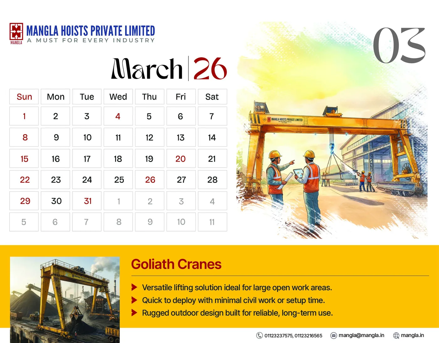 The March 2026 page, featuring Goliath Cranes in its yellow product band