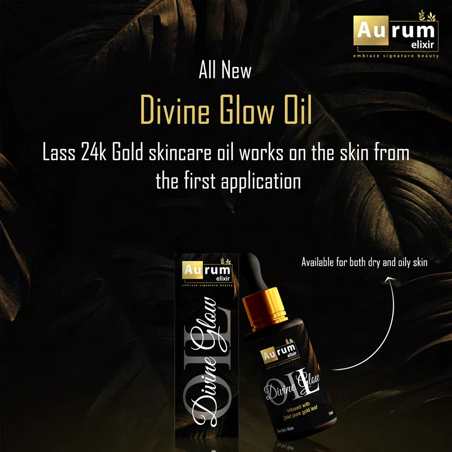 First identity: the launch creative for Divine Glow Oil, with a gold headline, the carton and a dropper bottle on a black, leafy ground