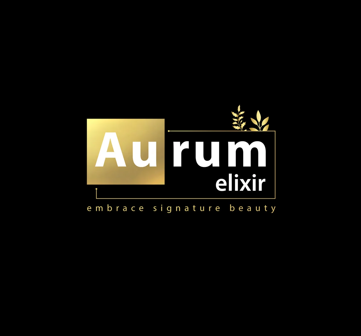 The first Aurum Elixir logo: Au in white inside a gold gradient square, rum and elixir in gold, a small leaf sprig above and the brand line below