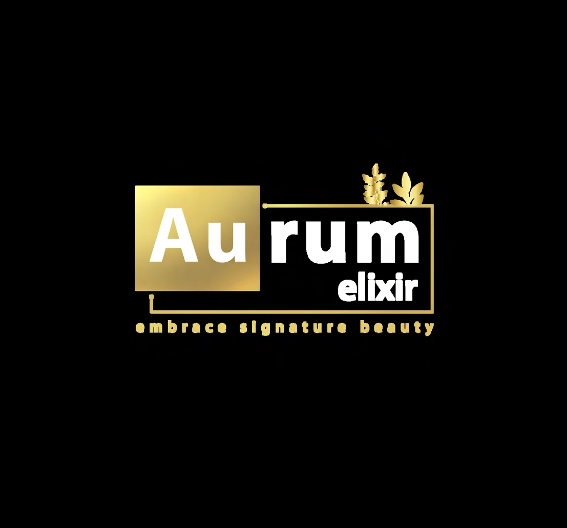 The first Aurum Elixir logo on black: a gold square holding Au, gold lettering, a leaf sprig and the line embrace signature beauty