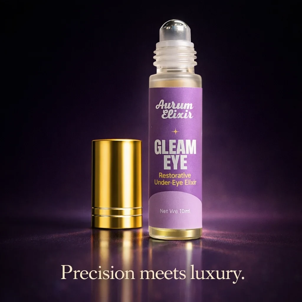 Gleam Eye roll-on with a purple label and the Aurum Elixir script wordmark, its gold cap beside it, on a dark purple ground